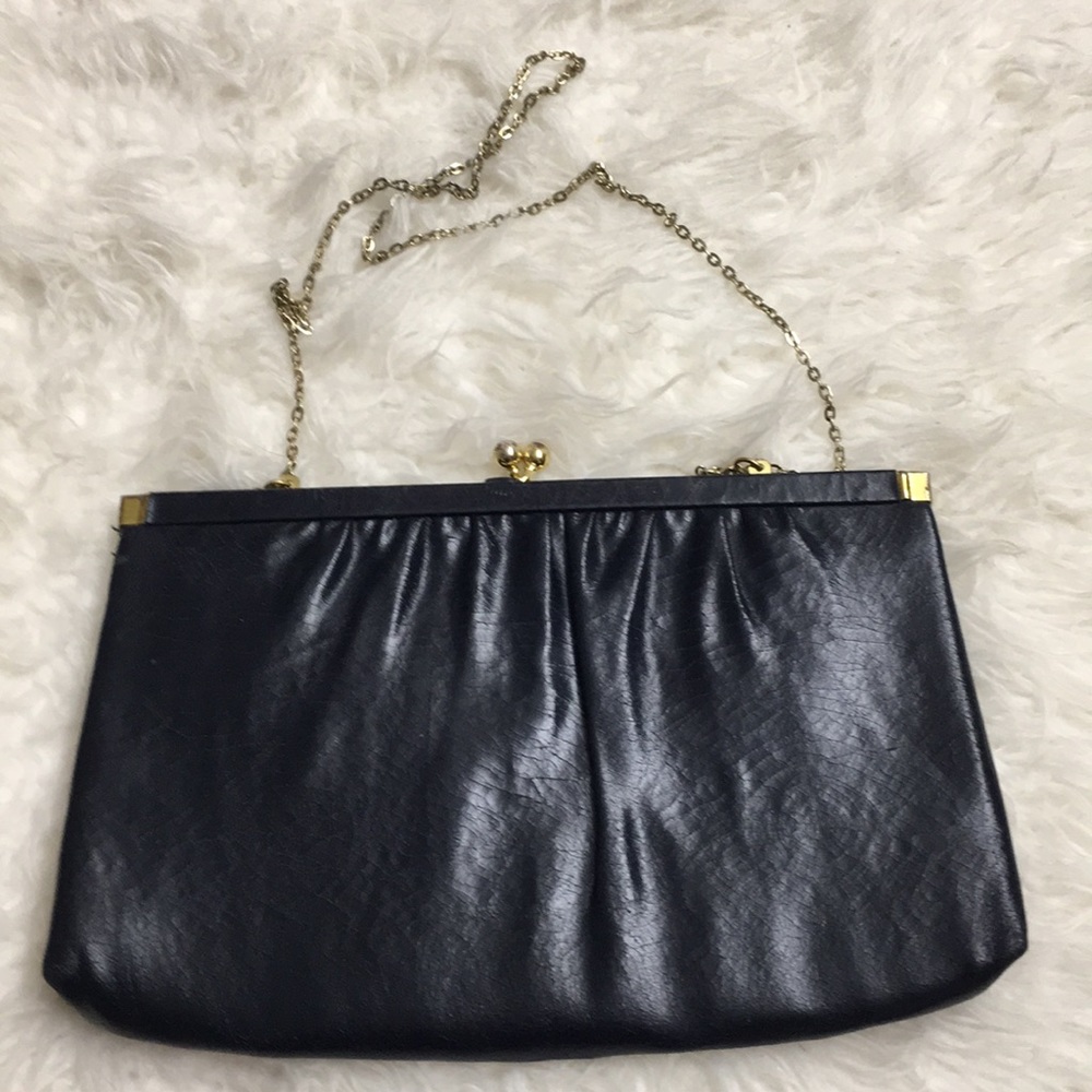 VINTAGE MARDANE USA BLUE LEATHER Gold Chain Purse